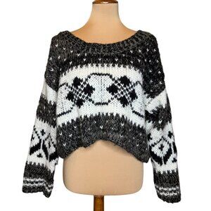 Free People Chunky Knit Fair Isle Black & White Cropped Sweater‎ Medium